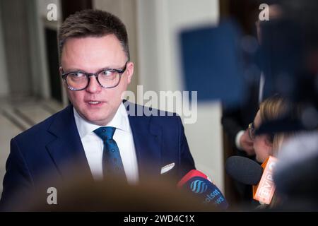 Warsaw, Poland. 18th Jan, 2024. Szymon Holownia, Marshal of the Sejm and leader of the Polska 2050 party is seen at the Sejm - Lower House of Parliament. Continuation of the third session of the Lower House of Polish Parliament (Sejm) of the 10th term. Credit: SOPA Images Limited/Alamy Live News Stock Photo