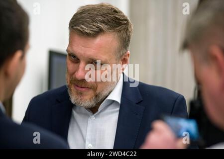 Warsaw, Poland. 18th Jan, 2024. Adrian Zandberg, Member of Parliament and leader of the Razem party is seen at the Sejm - Lower House of Parliament. Continuation of the third session of the Lower House of Polish Parliament (Sejm) of the 10th term. Credit: SOPA Images Limited/Alamy Live News Stock Photo