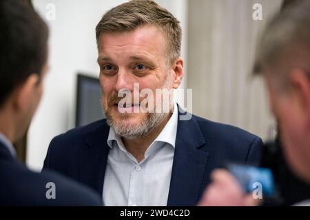 Warsaw, Poland. 18th Jan, 2024. Adrian Zandberg, Member of Parliament and leader of the Razem party is seen at the Sejm - Lower House of Parliament. Continuation of the third session of the Lower House of Polish Parliament (Sejm) of the 10th term. Credit: SOPA Images Limited/Alamy Live News Stock Photo