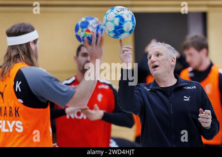 Danish national coach Nikolaj Jacobsen during the national men's handball team's press conference and training in Hamburg on Thursday 18 January 2024. Stock Photo