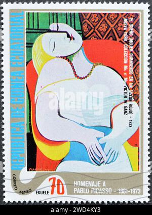Cancelled postage stamp printed by Equatorial Guinea, that shows Painting The Dream by Picasso,  PICASSO: Abstract paintings, circa 1975. Stock Photo
