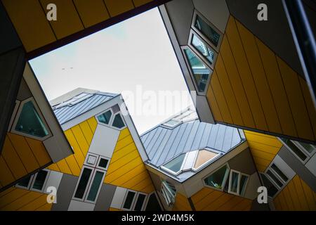 Overblaak 70, 3011 MH Rotterdam, Netherlands - December 26, 2023: View to Cube houses from below. Stock Photo