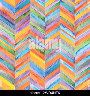 Abstract watercolor holiday chevron background. Hand drawn multicolor and silver brushstrokes seamless pattern. Watercolour geometric texture. Print f Stock Photo