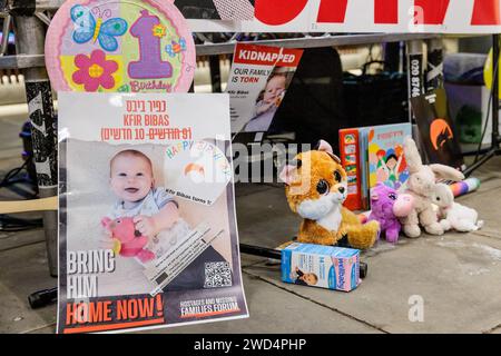 Red Cross HQ, London, UK. 18th January 2024. A vigil held outside The British Red Cross in London to mark the 1st birthday of Kfir Bibas, who, at just 9 months old, was the youngest of the 253 hostages taken into Gaza by Hamas and other militant groups during the terror attacks against Israel on 7th October 2023. Kfir, along with his 4 year old brother, mother and father, have been held captive in Gaza for 104 days. The Red Cross have not visited any of the hostages while they’re in captivity. Photo by Amanda Rose/Alamy Live News Stock Photo