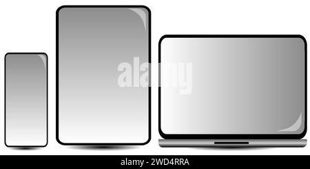 Collection of screens Mobile or Cell phone, Tablet, Laptop.  Technology concept.  Screen template to add graphics to screens Stock Vector