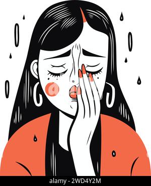 Illustration of a young woman suffering from a headache. Vector illustration Stock Vector