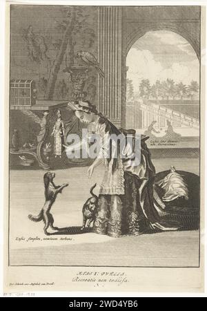 Girl, Pieter van den Berge (Possible), after Pieter van den Berge, 1694 - 1737 print A girl plays with her dolls and pets. A dog stands on his hind legs in front of her, a cat sneaks around her skirts. Two children with a ball play outside in the garden. Print from a series of four prints with the wife's life stages. Amsterdam paper etching / engraving human life divided into stages, e.g. three, four, seven, twelve stages (with NUMBER). girl (child between toddler and youth) Stock Photo