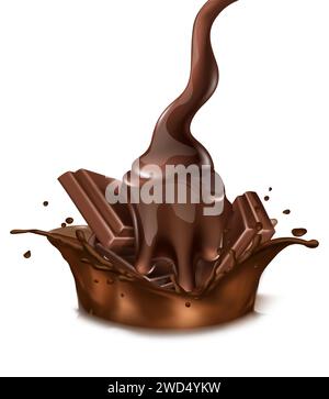 realistic vector icon. Chocolate splash with liquid and Choco bar. Isolated. Stock Vector