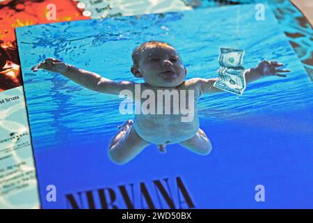 Viersen, Germany - January 9. 2024: Closeup of Nirvana band album cover Nevermind from 1991 Stock Photo
