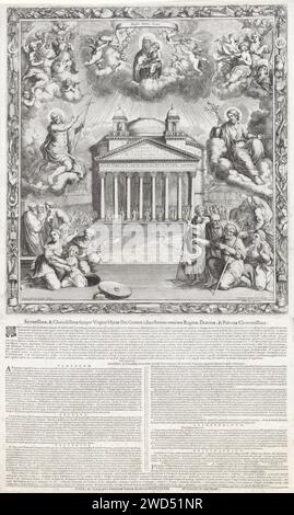 Allegory on the design of the Pantheon in Rome to Christian Church by Pope Boniface IV, Gommarus Wouters, After Nicolas Francois de Bar Lorrain, 1689 print. text sheet View of the Pantheon in Rome, and the appearance of the Blessed Virgin Mary with the Christ child (Black Madonna). On the Banderol above Maria: 'Profer Lumen Caecis'. In the upper corners of music -making angels. On the clouds Christ (left) and Joseph (right). In the foreground, a boy crawls out of a hole in the ground. On the right in the foreground a group of arms. The show is caught in a frame with emblemata. Under the print Stock Photo