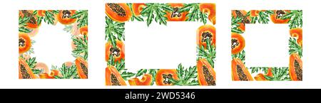 Marker set of frames, logos and templates with sweet ripe slice of papaya with grains, tropical leafs, monstera in watercolor style. Hand drawn realis Stock Photo