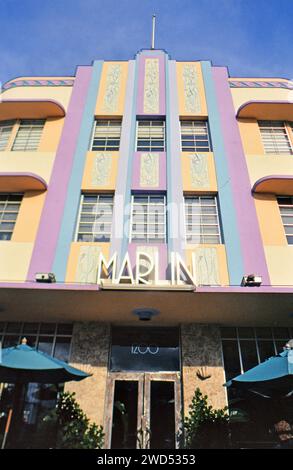 The Marlin Hotel, an example of colorful art deco architecture in Miami Florida (South Beach) ca. 1996-1997. Please credit photographer Joan Iaconetti. Stock Photo