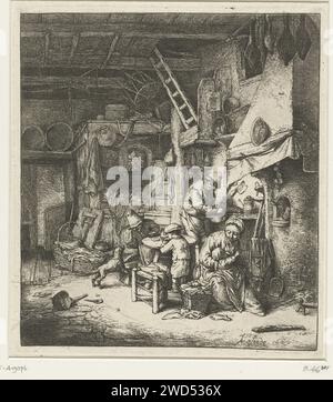 Farmer's family in Interieur, Adriaen van Ostade, 1647 print Easy living room with farmer's family during daily activities. The farmer's wife takes care of her youngest child while a boy eats at the table from a bowl and the farmer cuts a slice of bread. Another boy plays with a dog. The space is full of household objects and furniture. Haarlem paper etching interior of the house. family life Stock Photo