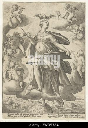 Allegorie Op de Kunst, Hendrick Goltzius (workshop of), After Hendrick Goltzius, 1596 - 1652 print A woman with a pen in one hand and a writing table or plate in the other hand balances with a foot on a globe. Around her angels with symbols of the seven free arts. Above her head a pigeon (or heart with wings). Under the performance four lines of Latin. Print Maker: Haarlem Publisher: Amsterdam paper engraving symbolic representations, allegories and emblems  art; 'Arte' (Ripa). the liberal arts, 'Artes Liberales' (+ variant). Christian religion (+ Holy Ghost (as a dove)). pen. writing tablets Stock Photo