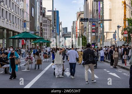 Main street of Ginza town, Pedestrian Paradise at Saturday, Tokyo, Japan, East Asia, Asia Stock Photo