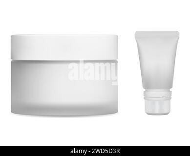 Cream jar mockup. Face cream glass container blank. Lip moisturizer plastic tube. Medicine scrub or balm round jar template. Eye gel squeeze tube, cos Stock Vector