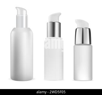 Airless pump bottle. Small moisturizer container mockup. Makeup foundation cream bottle blank. Face cleansing liquid dispenser packaging. Serum moistu Stock Vector