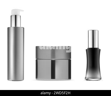 Cosmetic bottle collection. Cream jar mockup, clear plastic blank. Realistic pump bottle for moisturizer, airless container mock up. Small face care s Stock Vector