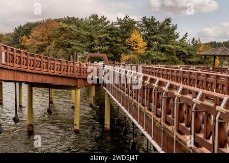 Side view wooden footbridge over lake with treed park in background under cloudy sky, South Korea Stock Photo
