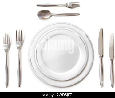 Table setting. Dinner table with cutlery, forks, knife and spoon with white plates. realistic vector illustration. Stock Vector