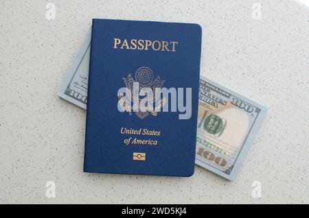 Close-up of a closed American passport, a symbol of travels to the United States of America. Stock Photo