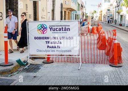 Merida Mexico,centro historico central historic district,economic development capital improvements construction roadwork,sign billboard,state governme Stock Photo