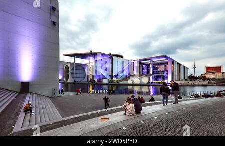 View of the Marie Elisabeth Lueders House. As darkness falls, a film, light and sound projection begins on the facade of the building, Berlin Stock Photo