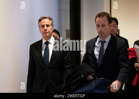 Washington, United States. 18th Jan, 2024. Secretary of State Antony Blinken leaves after a closed door briefing with the Senate Foreign Relations Committee at the U.S. Capitol in Washington, DC on Thursday, January 18, 2024. Photo by Bonnie Cash/UPI Credit: UPI/Alamy Live News Stock Photo