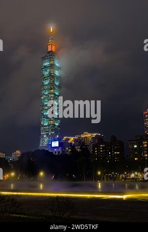 Taipei 101 Tower in the a foggy night. Stock Photo