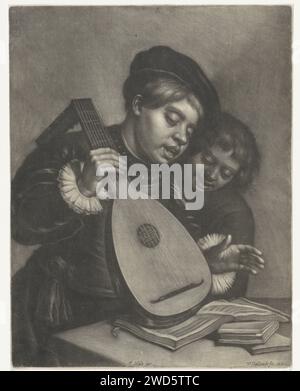 Two singing boys, Wallerant Vaillant, After Frans Hals, 1658 - 1677 print Two boys sing a song from a music book together. One of the boys has a lute in hand.  paper  vocal music, singing. lute, and special forms of lute, e.g.: theorbo. printed edition of musical score Stock Photo