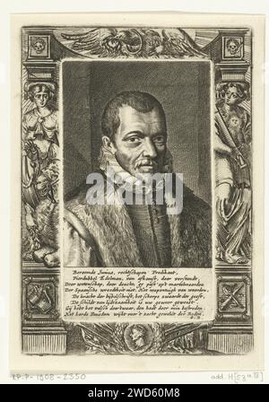 Portrait of Franciscus Junius (I), Hendrik Bary, 1657 - 1707 print Print printed of two plates. Bust of Franciscus Junius, with a poem of eight lines in Dutch by Geeraert Brandt. Frame with allegorical figures and symbols. Netherlands paper etching / engraving Stock Photo