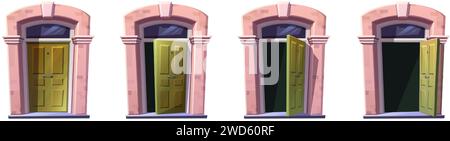 Green wooden door of old cottage house. Vector cartoon style icon illustrations. Sprite animation for game. Stock Vector