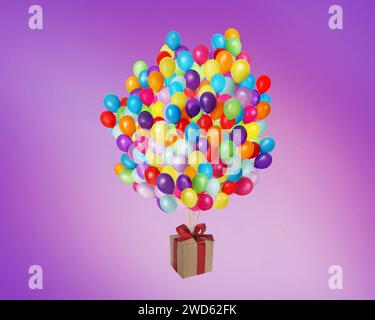 Many balloons tied to gift box on purple background Stock Photo