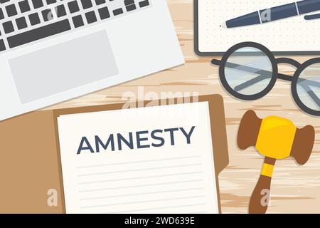 amnesty word written in the case files, flat lay composition with laptop, gavel, eyeglasses, pen and notebook- vector illustration Stock Vector