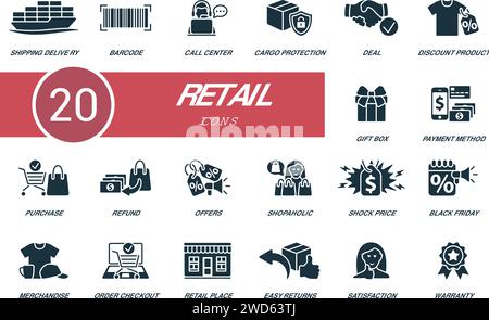 Retail icons set. Creative icons: shipping delivery, barcode, call center, cargo protection, deal, discount product, gift box, payment method and more Stock Vector