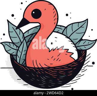 Flamingo in the nest. Vector illustration in cartoon style. Stock Vector