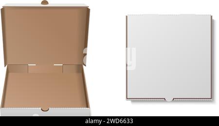 realistic vector icon illustration set. Open and closed cardboard pizza boxes. Stock Vector