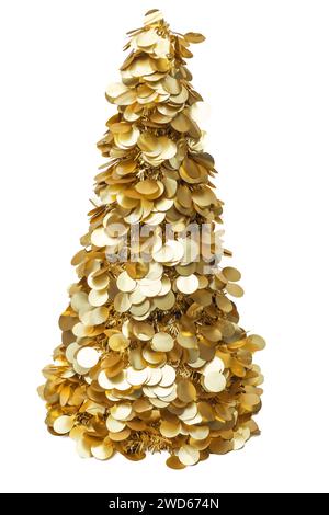 Christmas tree tensile golden isolated white background shining luster ornamental bright circles coin-sized Stock Photo