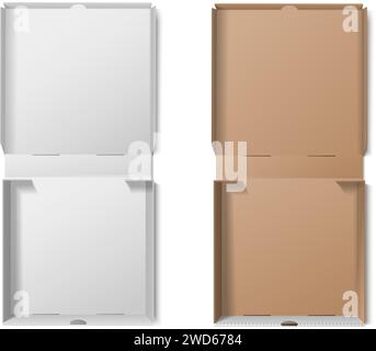 realistic vector icon illustration set. Brown and white cardboard pizza boxes. Isolated on white. Stock Vector
