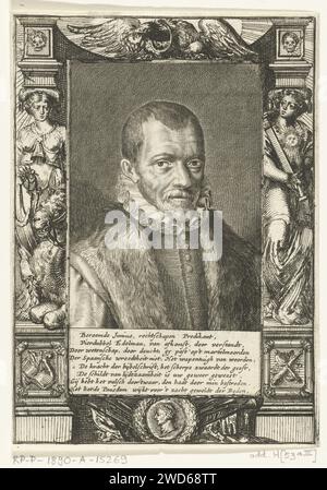 Portrait of Franciscus Junius (I), Hendrik Bary, 1657 - 1707 print Print printed of two plates. Bust of Franciscus Junius, with a poem of eight lines in Dutch by Geeraert Brandt. Frame with allegorical figures and symbols. Netherlands paper engraving / etching Stock Photo