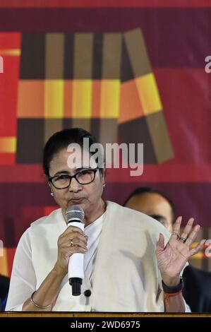 Kolkata, India. 18th Jan, 2024. KOLKATA, INDIA - JANUARY 18: Chief minister of West Bengal Mamata Banerjee addresses inaugural speech in 47th International Kolkata Book Fair at Central Park, Salk Lake on January 18, 2024 in Kolkata, India. (Photo by Samir Jana/Hindustan Times/Sipa USA) Credit: Sipa USA/Alamy Live News Stock Photo