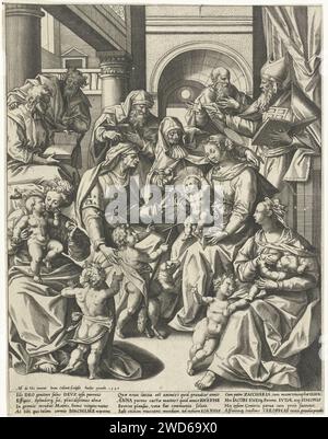 Maria's family, Jan Collaert (II), After Maerten de Vos, 1590 print Mary with the Christ child on her lap. She is surrounded by her family. Saint Anna gives an apple to the Christ child. Next to Maria is her aunt Elisabet with the child Johannes. In the background Zacharias and Joseph in discussion. The print has a Latin caption. Antwerp paper engraving extended representations of 'Anna selbdritt' (Joseph and Joachim, three husbands, three daughters with seven children). Holy Family with John the Baptist; Elisabeth and Zacharias present Stock Photo