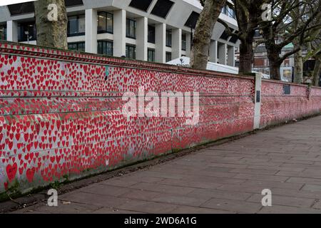 London, United Kingdom  January 17 2024:  Picture of the National Covid Memorial Wall stretching down the wall next the River Thames. Stock Photo
