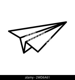 Simple paper plane black line icon. Origami paper airplane. Handmade aircraft on white background. Vector illustration. Stock Vector