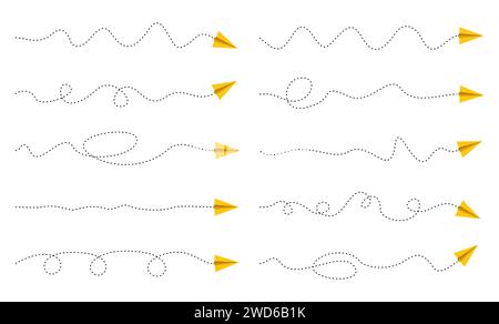 Set of dashed line paper airplane route. travel and air flight icons. Paper plane or aircraft on line path, aviation and flight travel trip planes on Stock Vector