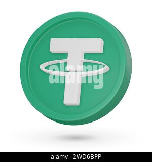 3D coin. Cryptocurrency symbol Tether USDT. 3D Vector icon. Illustration isolated on a white background. Stock Vector