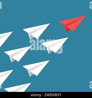 Leadership success concept paper plane fly. Lead airplane stand out of other paper plane follower. New idea, courage, new thinking, creative decision, Stock Vector