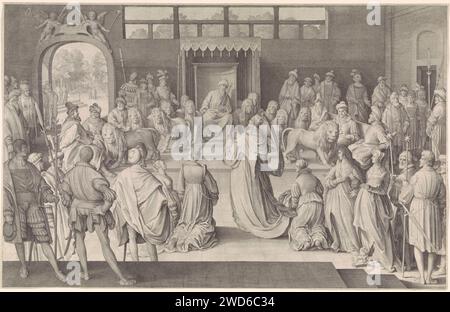 Solomon receives the queen of Seba, Nicolaes de Bruyn, 1621 print The queen of Seba kneels for King Solomon in his throne room. Six lions on either side of the throne of Solomon. Rotterdam paper engraving the queen of Sheba before Solomon, testing him with questions Stock Photo