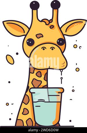 Giraffe drinking water from a bucket. Flat vector illustration. Stock Vector