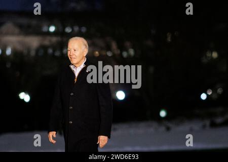 Washington, United States. 18th Jan, 2024. US President Joe Biden walks on the South Lawn of the White House after arriving on Marine One in Washington, DC, US, on Thursday, Jan. 18, 2024. Biden lambasted Donald Trump for comments casting the US as a failing nation, while plugging his agenda in a Republican-leaning state he aims to pick up in November's election. Photo by Ting Shen/Pool/ABACAPRESS.COM Credit: Abaca Press/Alamy Live News Stock Photo